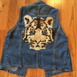 Upcycled Women's Vintage Denim Sequin Tiger Vest